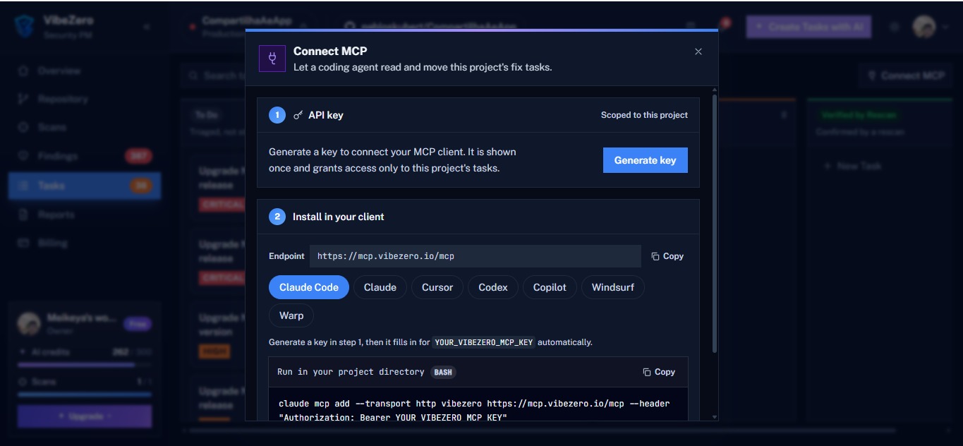 Connect MCP dialog to generate a key and install it in a coding agent