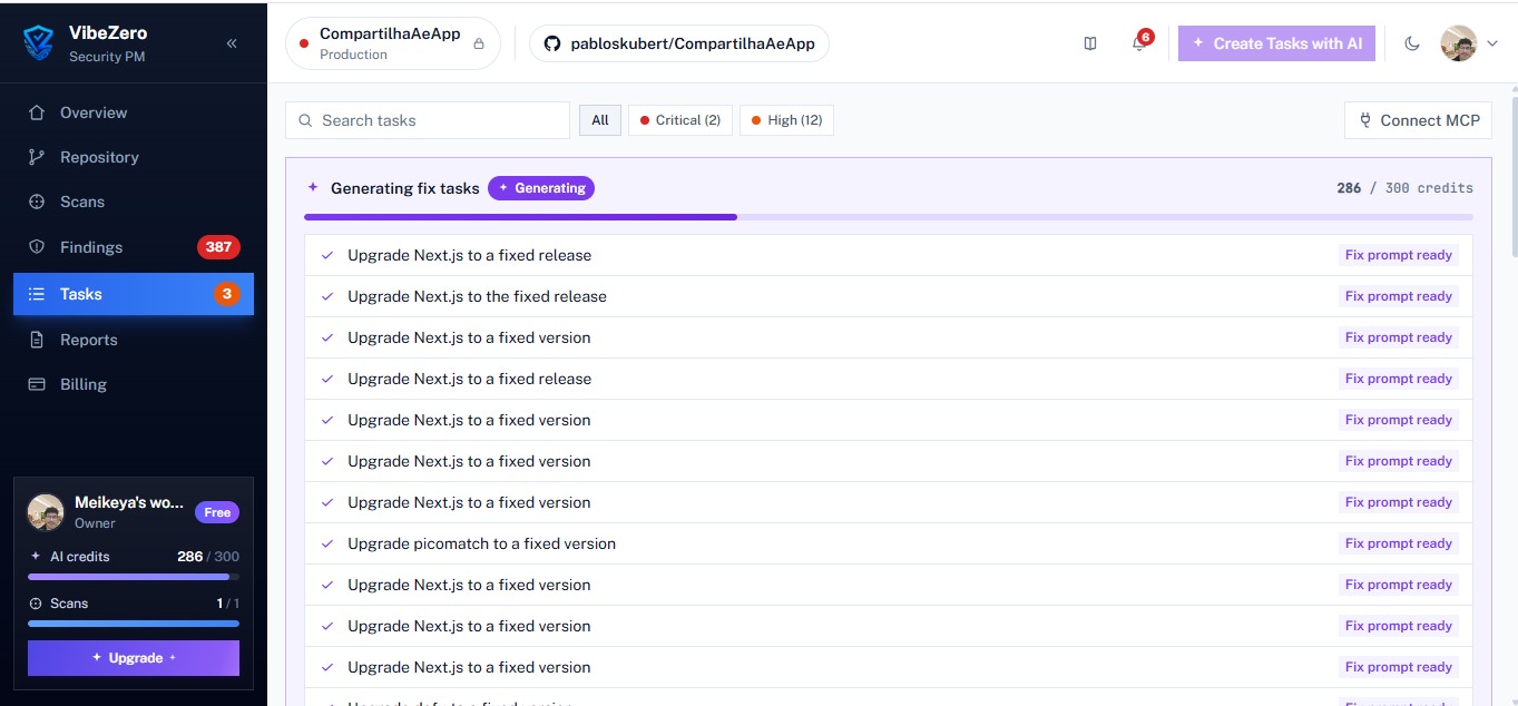 VibeZero generating AI fix tasks from the findings
