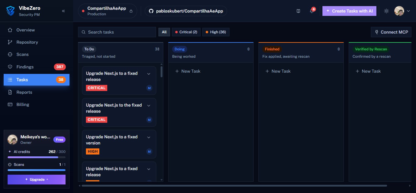Fix-task Kanban board with To Do, Doing, Finished, and Verified by Rescan columns